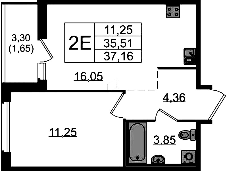 1-комнатная квартира 37.16 м², 4/15 эт., ЖК «GloraX Парголово»